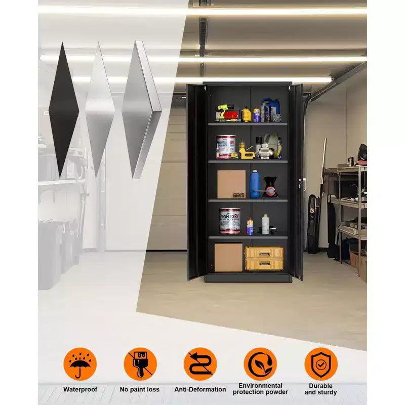 Armadio contenitore, 180 cm di altezza, in metallo con ante con serratura, 4 ripiani regolabili e piedini di livellamento, organizer resistente