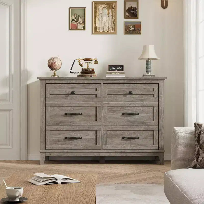 Comò a 6 cassetti per camera da letto, Comodino cassettiera larga 47" con contenitore indipendente, Cassettiera in legno per soggiorno, camera da letto, ingresso