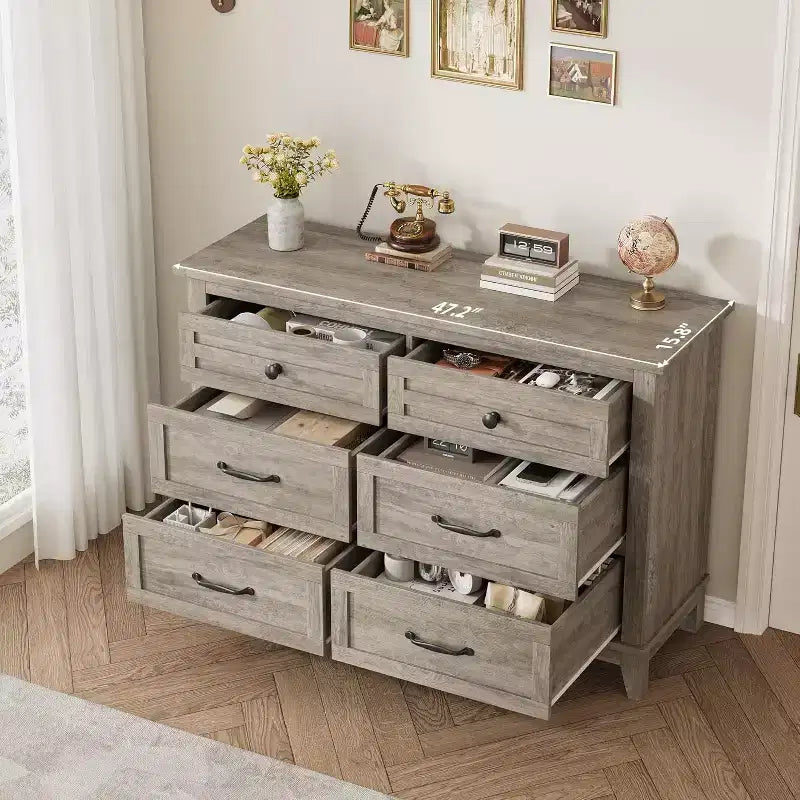 Comò a 6 cassetti per camera da letto, Comodino cassettiera larga 47" con contenitore indipendente, Cassettiera in legno per soggiorno, camera da letto, ingresso