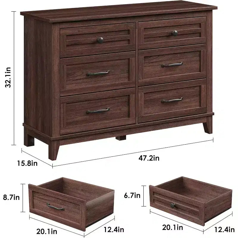 Comò a 6 cassetti per camera da letto, Comodino cassettiera larga 47" con contenitore indipendente, Cassettiera in legno per soggiorno, camera da letto, ingresso