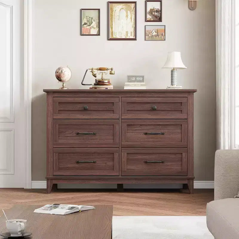 Comò a 6 cassetti per camera da letto, Comodino cassettiera larga 47" con contenitore indipendente, Cassettiera in legno per soggiorno, camera da letto, ingresso