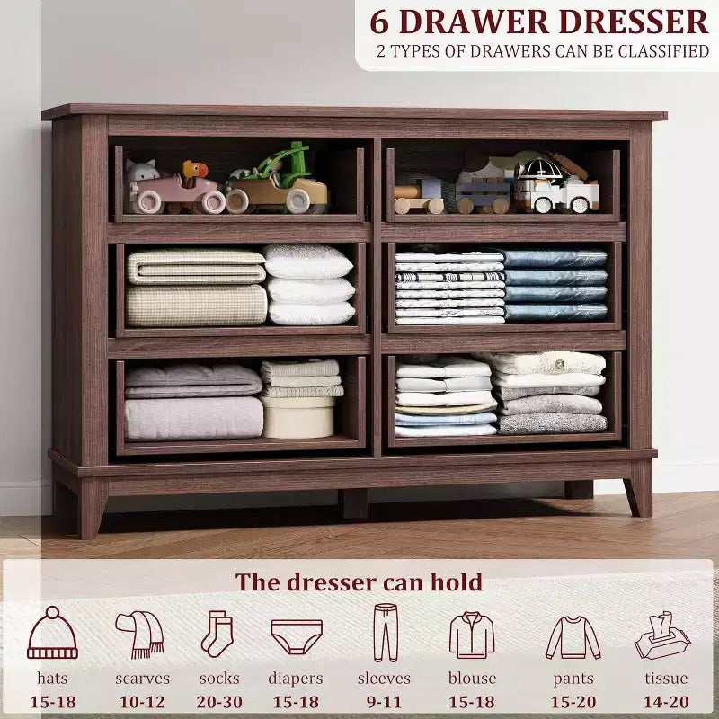 Comò a 6 cassetti per camera da letto, Comodino cassettiera larga 47" con contenitore indipendente, Cassettiera in legno per soggiorno, camera da letto, ingresso