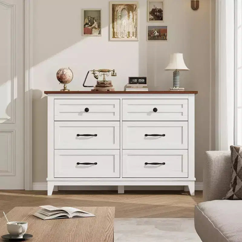 Comò a 6 cassetti per camera da letto, Comodino cassettiera larga 47" con contenitore indipendente, Cassettiera in legno per soggiorno, camera da letto, ingresso