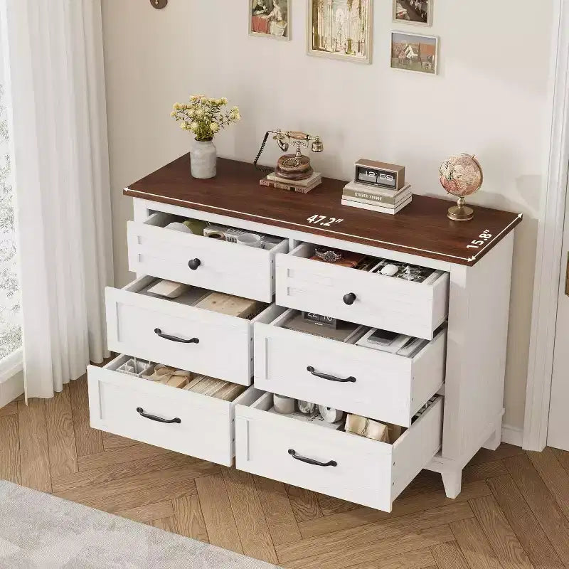 Comò a 6 cassetti per camera da letto, Comodino cassettiera larga 47" con contenitore indipendente, Cassettiera in legno per soggiorno, camera da letto, ingresso