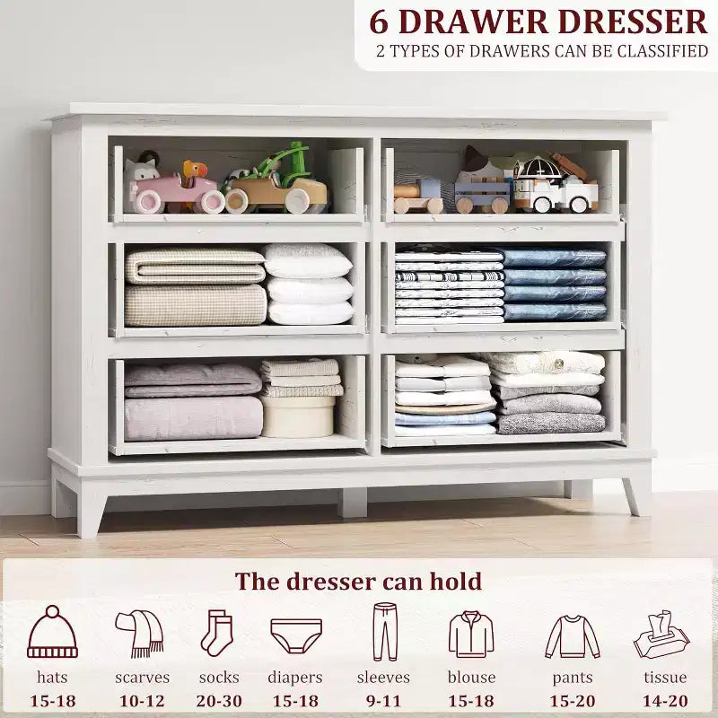 Comò a 6 cassetti per camera da letto, Comodino cassettiera larga 47" con contenitore indipendente, Cassettiera in legno per soggiorno, camera da letto, ingresso