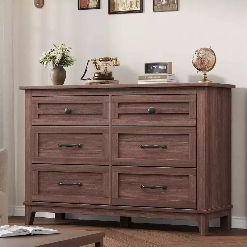 Comò a 6 cassetti per camera da letto, Comodino cassettiera larga 47" con contenitore indipendente, Cassettiera in legno per soggiorno, camera da letto, ingresso