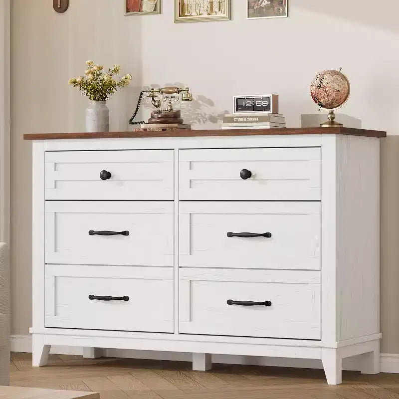 Comò a 6 cassetti per camera da letto, Comodino cassettiera larga 47" con contenitore indipendente, Cassettiera in legno per soggiorno, camera da letto, ingresso