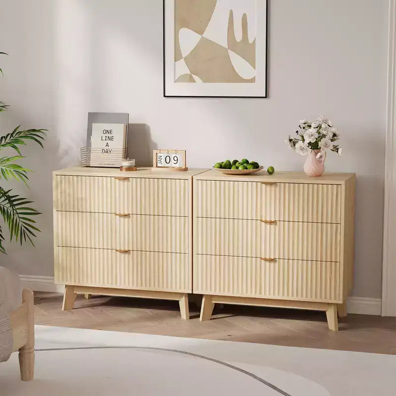 Comò a 3 cassetti scanalati, Comò moderno e ampio, Design a profilo curvo, Mobile TV con cassetti, Organizzatore per cassetti in legno per soggiorno, corridoio
