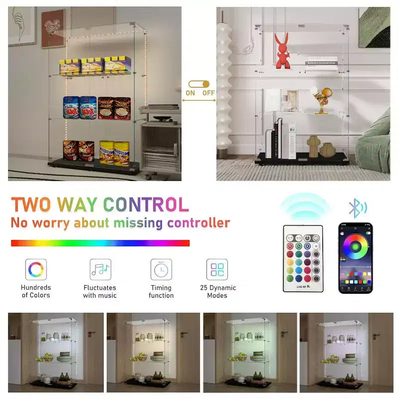 MAYEERTY Mobile Vetrina in Vetro Temperato, Vetrinetta Contenitore Vino con Parte Superiore in Vetro Temperato e Striscia LED per Camera da Letto, Corridoio, Ufficio, Nero