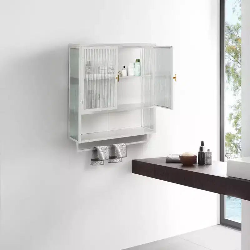 TROPOW Armadietto a muro con doppia anta in vetro, Armadietto contenitore con ripiani rimovibili, Versatile credenza per cucina, lavanderia, ufficio, stile bianco 3