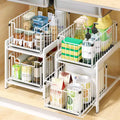Cabinet Organizer, Pull-Out Drawer - 2-Tier Sliding Stackable Storage Shelf for Kitchen, Bathroom, White