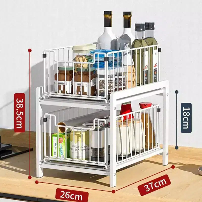 Organizzatore per Mobile, Cassetto Estraibile - Scaffale Scorrevole Impilabile a 2 Livelli per Cucina, Bagno, Bianco