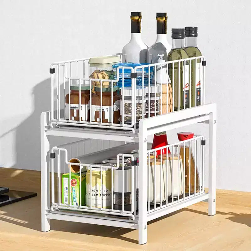 Organizzatore per Mobile, Cassetto Estraibile - Scaffale Scorrevole Impilabile a 2 Livelli per Cucina, Bagno, Bianco