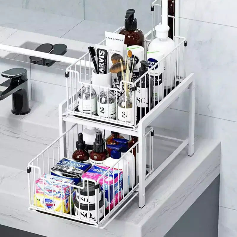 Organizzatore per Mobile, Cassetto Estraibile - Scaffale Scorrevole Impilabile a 2 Livelli per Cucina, Bagno, Bianco