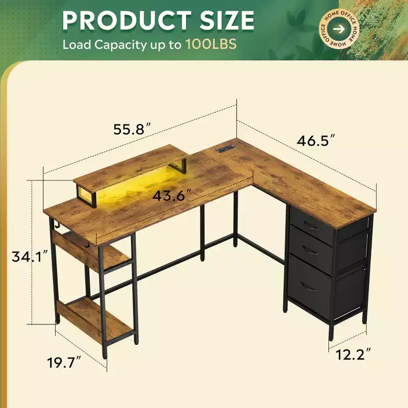GALAXHERO Scrivania Gaming a L da 55 pollici, Scrivania ad Angolo per Computer con Spazio di Archiviazione, Prese di Corrente e Luci LED, Scrivania da Ufficio/Gaming per Camera da Letto