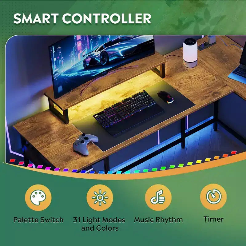 GALAXHERO Scrivania Gaming a L da 55 pollici, Scrivania ad Angolo per Computer con Spazio di Archiviazione, Prese di Corrente e Luci LED, Scrivania da Ufficio/Gaming per Camera da Letto
