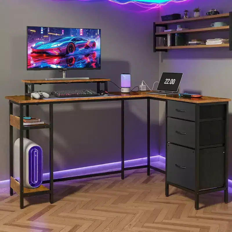 GALAXHERO Scrivania Gaming a L da 55 pollici, Scrivania ad Angolo per Computer con Spazio di Archiviazione, Prese di Corrente e Luci LED, Scrivania da Ufficio/Gaming per Camera da Letto