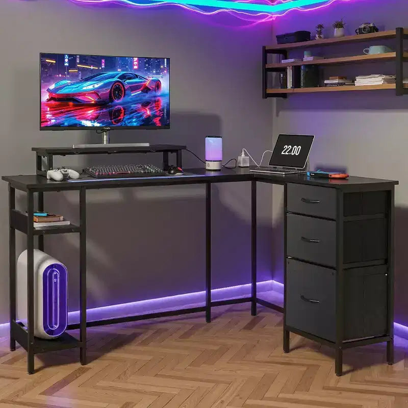 GALAXHERO Scrivania Gaming a L da 55 pollici, Scrivania ad Angolo per Computer con Spazio di Archiviazione, Prese di Corrente e Luci LED, Scrivania da Ufficio/Gaming per Camera da Letto