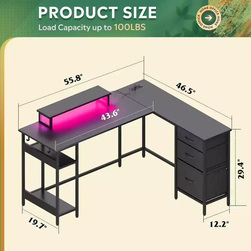 GALAXHERO Scrivania Gaming a L da 55 pollici, Scrivania ad Angolo per Computer con Spazio di Archiviazione, Prese di Corrente e Luci LED, Scrivania da Ufficio/Gaming per Camera da Letto