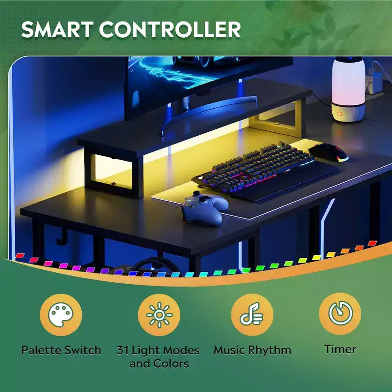 GALAXHERO Scrivania Gaming a L da 55 pollici, Scrivania ad Angolo per Computer con Spazio di Archiviazione, Prese di Corrente e Luci LED, Scrivania da Ufficio/Gaming per Camera da Letto