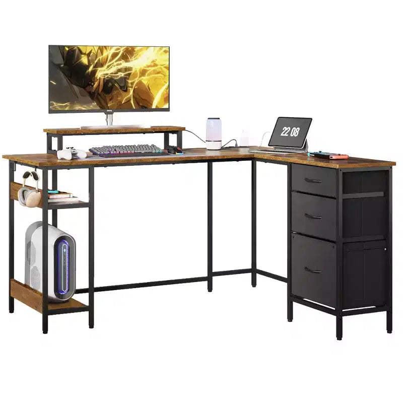 GALAXHERO Scrivania Gaming a L da 55 pollici, Scrivania ad Angolo per Computer con Spazio di Archiviazione, Prese di Corrente e Luci LED, Scrivania da Ufficio/Gaming per Camera da Letto