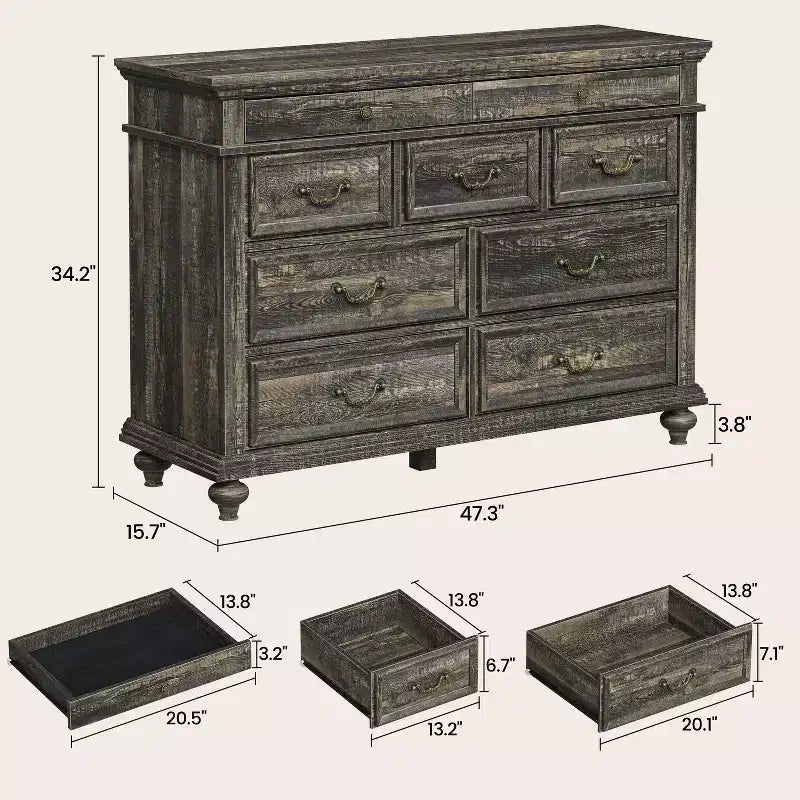 Cassettiera da camera da letto stile rustico con 9 cassetti, comò in legno rustico con maniglie vintage in metallo per camera da letto, grande organizer per soggiorno