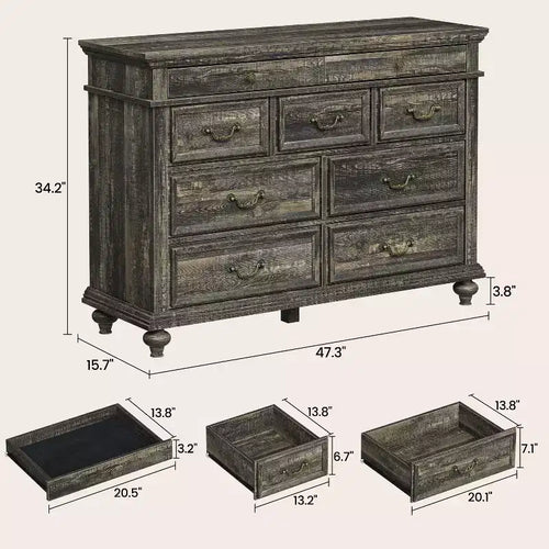 Cassettiera da camera da letto stile rustico con 9 cassetti, comò in legno rustico con maniglie vintage in metallo per camera da letto, grande organizer per soggiorno
