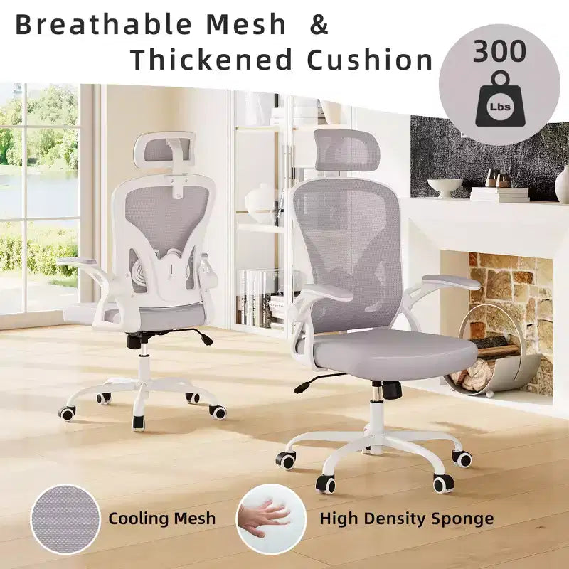 MAYEERTY Sedia da Ufficio Ergonomica - Con Poggiatesta, Braccioli Ribaltabili e Supporto Lombare Regolabile (Grigio)