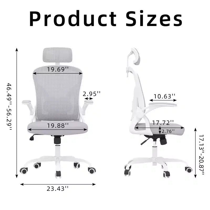 MAYEERTY Sedia da Ufficio Ergonomica - Con Poggiatesta, Braccioli Ribaltabili e Supporto Lombare Regolabile (Grigio)
