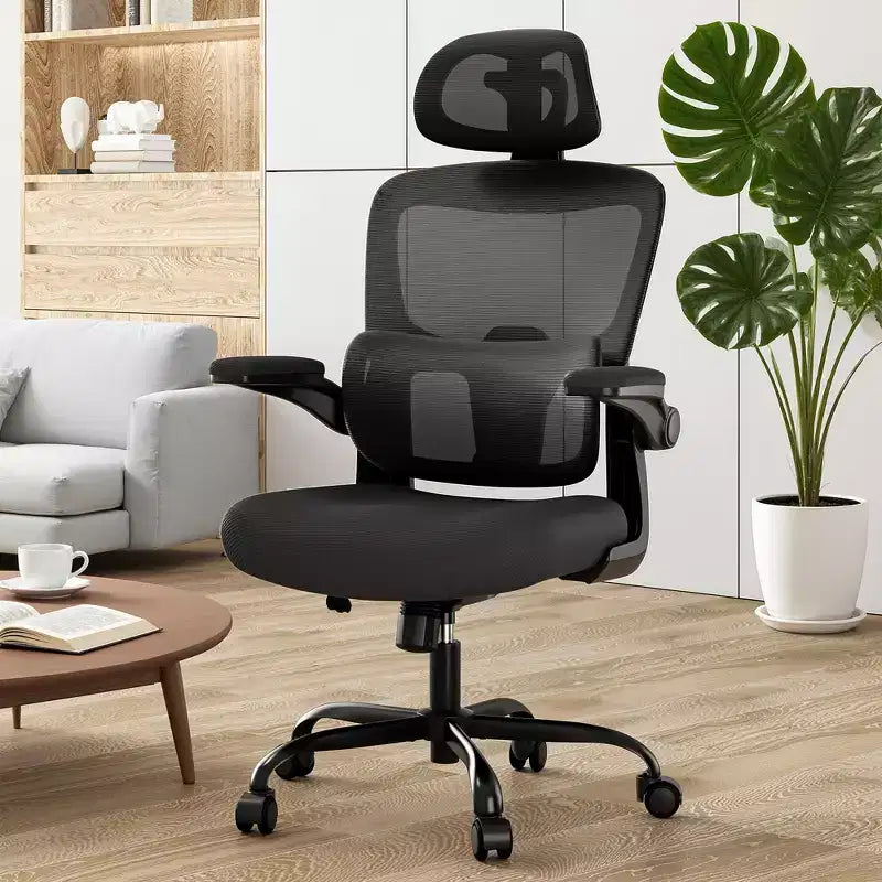 MAYEERTY High Back Ergonomic Home Office Chair - With Flip-Up Armrests & Adjustable Lumbar Support