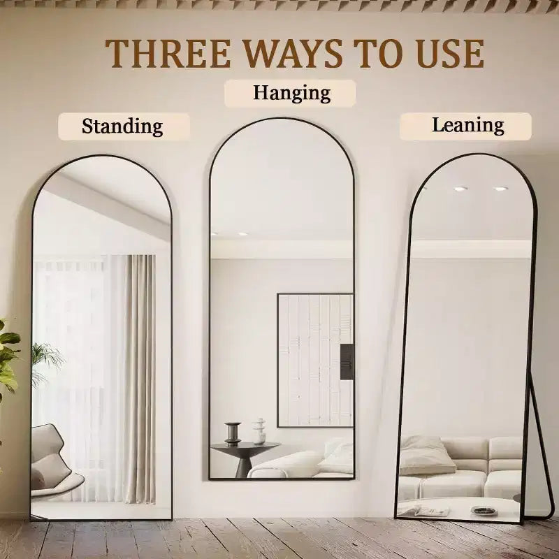 Specchio a figura intera 57x22, specchio da parete appeso o a terra, a forma di arco, con supporto per camera da letto, spogliatoio, colore nero