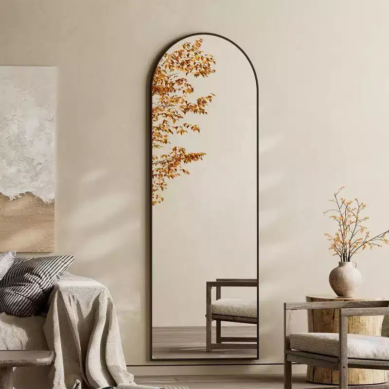 Specchio a figura intera 57x22, specchio da parete appeso o a terra, a forma di arco, con supporto per camera da letto, spogliatoio, colore nero