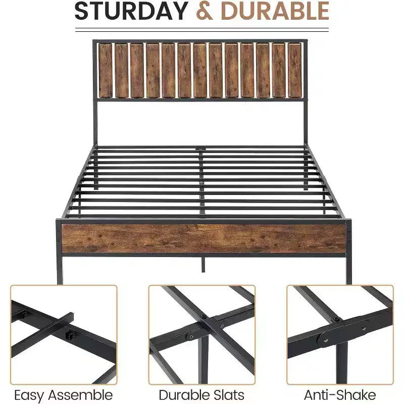 Struttura Letto in Metallo con Elegante Testiera e Pediera, Struttura Letto a Piattaforma Robusta con Spazio Contenitore Sotto il Letto, Nessuna Rete a Molle Necessaria, Colore Retrò