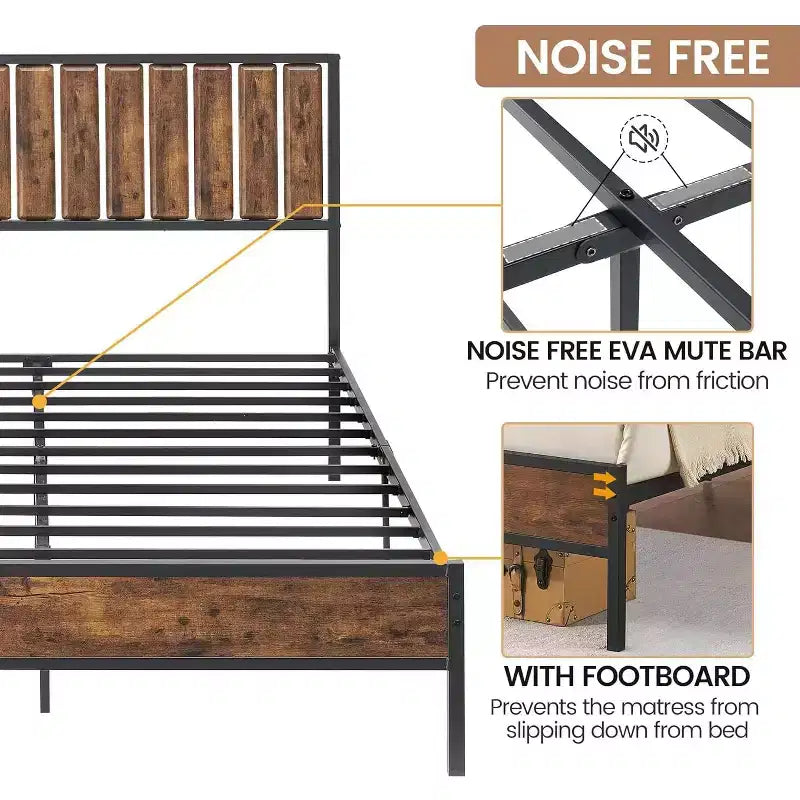 Struttura Letto in Metallo con Elegante Testiera e Pediera, Struttura Letto a Piattaforma Robusta con Spazio Contenitore Sotto il Letto, Nessuna Rete a Molle Necessaria, Colore Retrò