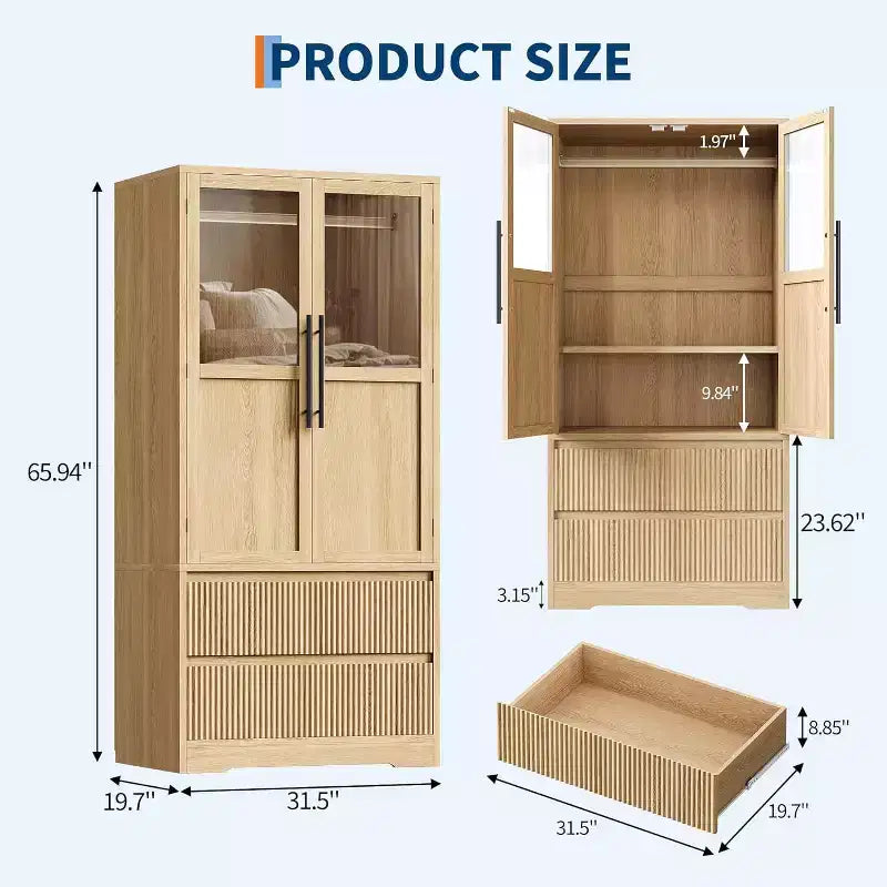 Acekool Armadio Guardaroba per Camera da Letto, in MDF e Truciolare, Ante in Vetro Ondulato, Asta Appendiabiti, 2 Cassetti, Ripiani, Tonalità Legno Naturale