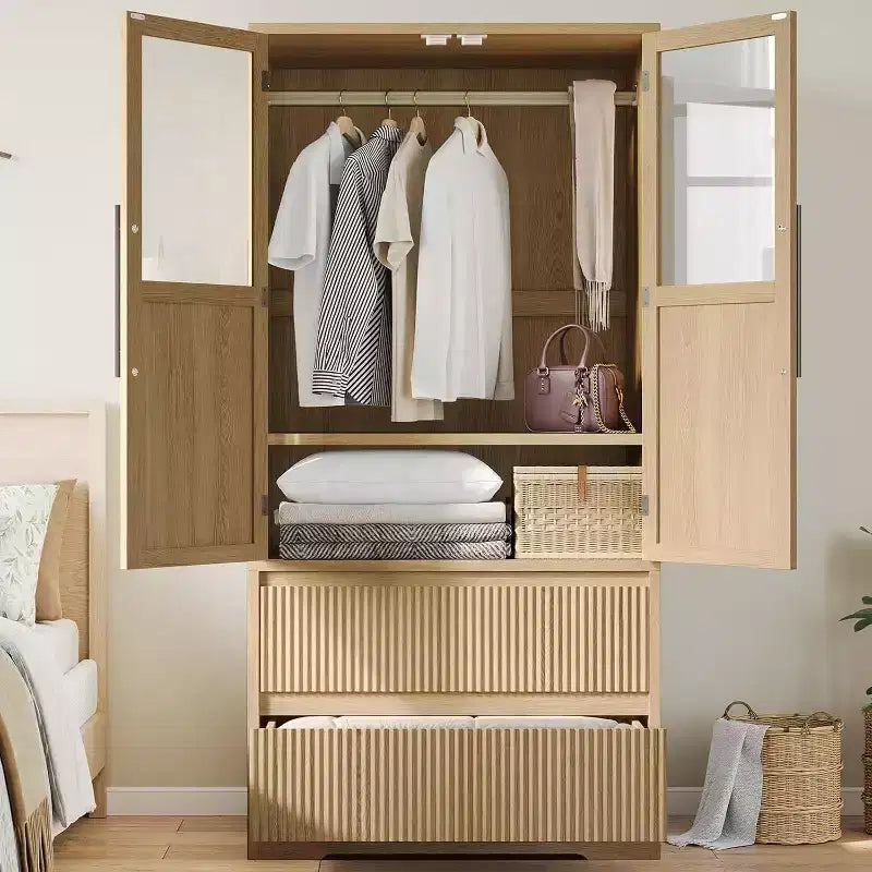 Acekool Armadio Guardaroba per Camera da Letto, in MDF e Truciolare, Ante in Vetro Ondulato, Asta Appendiabiti, 2 Cassetti, Ripiani, Tonalità Legno Naturale