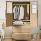 Acekool Armadio Guardaroba per Camera da Letto, in MDF e Truciolare, Ante in Vetro Ondulato, Asta Appendiabiti, 2 Cassetti, Ripiani, Tonalità Legno Naturale