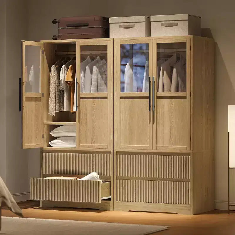 Acekool Armadio Guardaroba per Camera da Letto, in MDF e Truciolare, Ante in Vetro Ondulato, Asta Appendiabiti, 2 Cassetti, Ripiani, Tonalità Legno Naturale