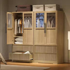 Acekool Armadio Guardaroba per Camera da Letto, in MDF e Truciolare, Ante in Vetro Ondulato, Asta Appendiabiti, 2 Cassetti, Ripiani, Tonalità Legno Naturale