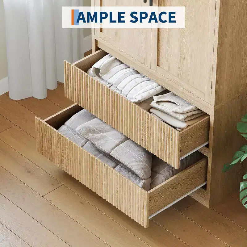 Acekool Armadio Guardaroba per Camera da Letto, in MDF e Truciolare, Ante in Vetro Ondulato, Asta Appendiabiti, 2 Cassetti, Ripiani, Tonalità Legno Naturale