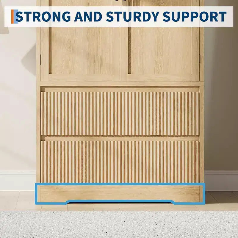 Acekool Armadio Guardaroba per Camera da Letto, in MDF e Truciolare, Ante in Vetro Ondulato, Asta Appendiabiti, 2 Cassetti, Ripiani, Tonalità Legno Naturale