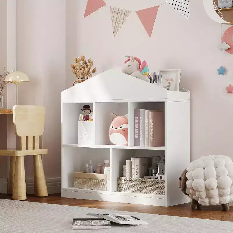 COZONY 35 Kids Bookshelf, 2-Tier White Wooden Toy Storage Organizer with 5-Cubby Bookcase & Modern Roof Design, Playroom, Nursery, Kids Room
