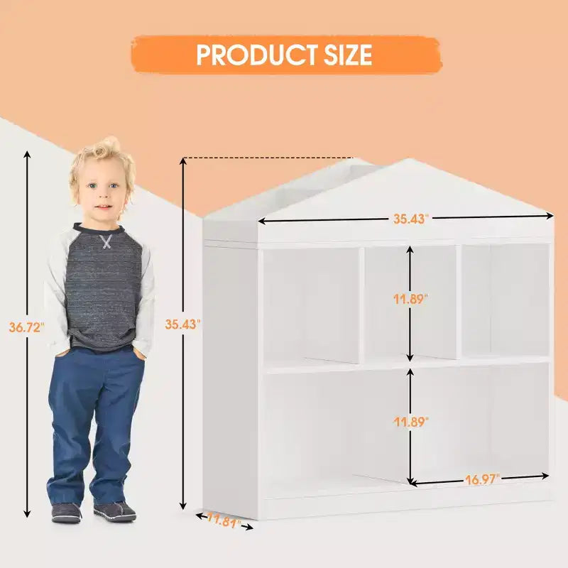 COZONY 35 Libreria per Bambini, Organizzatore Porta Giocattoli in Legno Bianco a 2 Ripiani con Libreria a 5 Scomparti e Design Moderno del Tetto, Sala Giochi, Asilo Nido, Camera dei Bambini