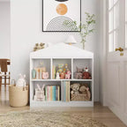 COZONY 35 Libreria per Bambini, Organizzatore Porta Giocattoli in Legno Bianco a 2 Ripiani con Libreria a 5 Scomparti e Design Moderno del Tetto, Sala Giochi, Asilo Nido, Camera dei Bambini