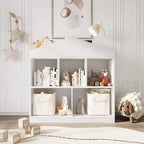 COZONY 35 Libreria per Bambini, Organizzatore Porta Giocattoli in Legno Bianco a 2 Ripiani con Libreria a 5 Scomparti e Design Moderno del Tetto, Sala Giochi, Asilo Nido, Camera dei Bambini