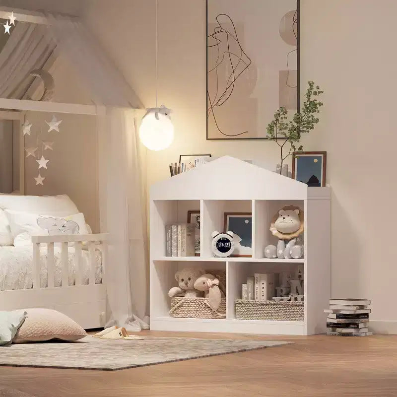 COZONY 35 Libreria per Bambini, Organizzatore Porta Giocattoli in Legno Bianco a 2 Ripiani con Libreria a 5 Scomparti e Design Moderno del Tetto, Sala Giochi, Asilo Nido, Camera dei Bambini