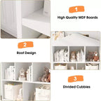 COZONY 35 Libreria per Bambini, Organizzatore Porta Giocattoli in Legno Bianco a 2 Ripiani con Libreria a 5 Scomparti e Design Moderno del Tetto, Sala Giochi, Asilo Nido, Camera dei Bambini