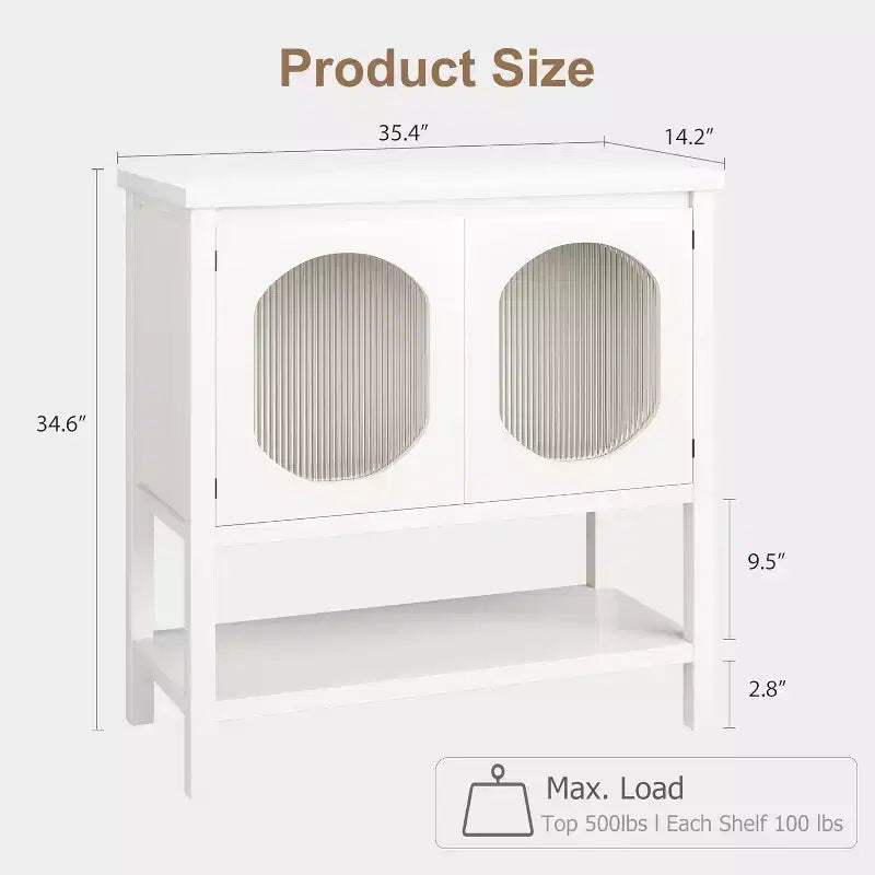 Mobile Bar Caffè, Mobile Contenitore con 2 Ante in Vetro Millerighe, Credenza con Ripiani, Mobile Contenitore Moderno per Casa, Bianco