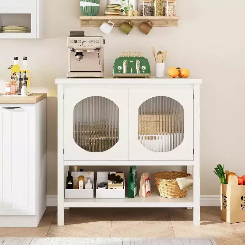 Mobile Bar Caffè, Mobile Contenitore con 2 Ante in Vetro Millerighe, Credenza con Ripiani, Mobile Contenitore Moderno per Casa, Bianco