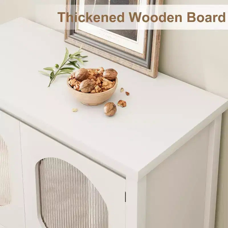 Mobile Bar Caffè, Mobile Contenitore con 2 Ante in Vetro Millerighe, Credenza con Ripiani, Mobile Contenitore Moderno per Casa, Bianco